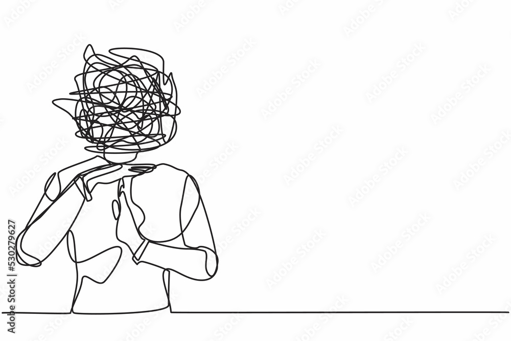Poster single continuous line drawing robot with round scribbles instead of head. stop working, time break 