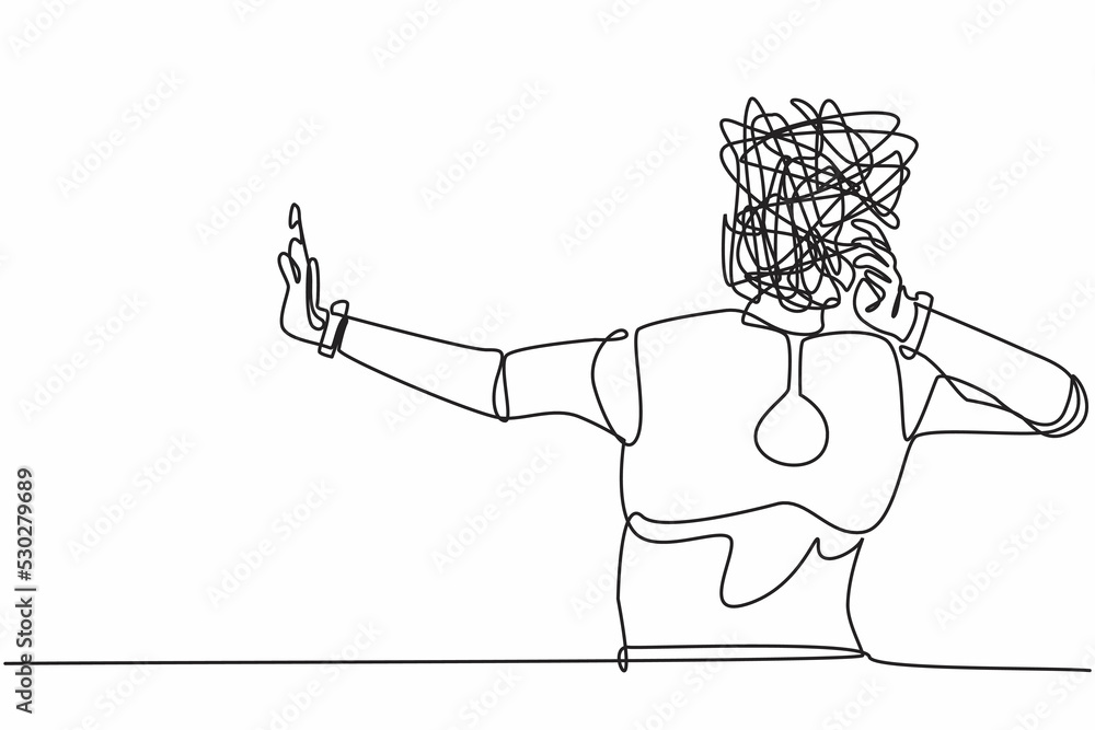 Poster single continuous line drawing robot with round scribbles instead of head, stop gesture. robot cover