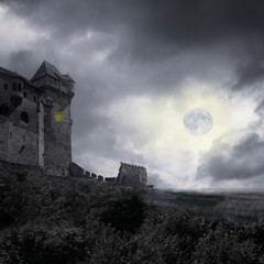 Naklejka premium Apocalyptic scenery with road, old towers and moon