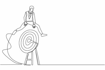Single continuous line drawing businessman jumping on big archery bull's eye target. Aspiration motivation to achieve business target, advancement in career. One line draw design vector illustration