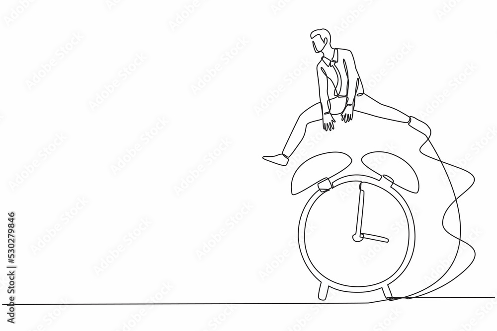 Poster single continuous line drawing smart and happy businessman jump over time passing alarm clock. busin