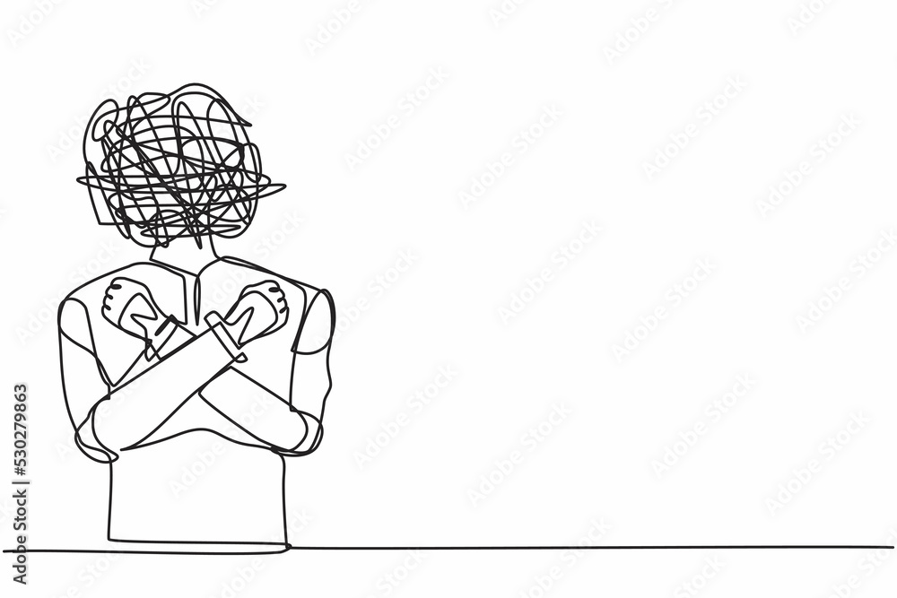Poster single one line drawing robot with round scribbles instead of head. robot with fist clenched, arms c