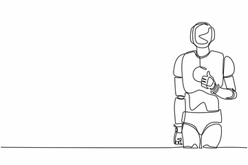 Continuous one line drawing robot standing with thumbs up gesture. Deal, like, agree, approve, accept. Humanoid cybernetic organism. Future robotic. Single line draw design vector graphic illustration