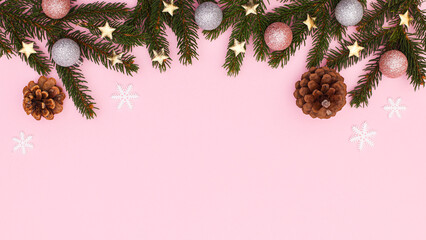 Christmas fir branches with ornaments and pinecones on pastel pink background. Flat lay