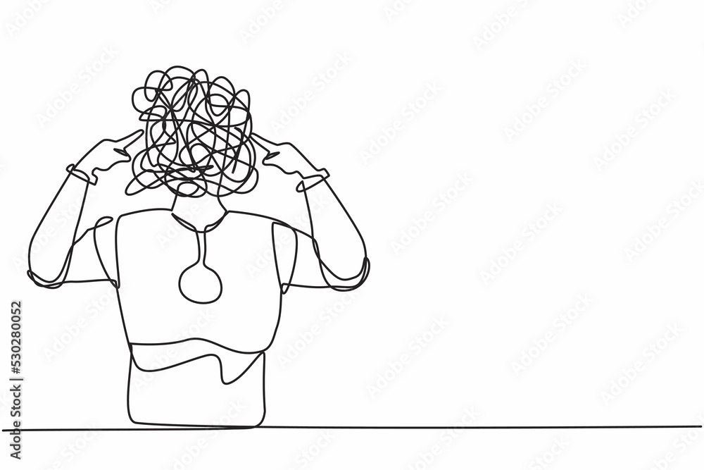 Poster single one line drawing robot with round scribbles instead of head, covering ears with fingers for l