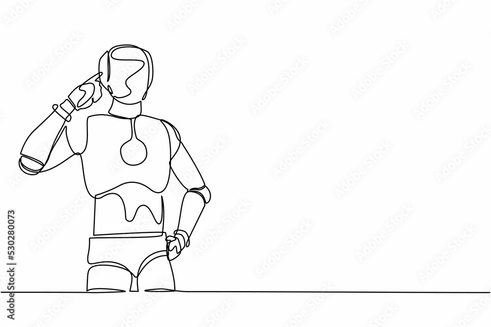 Aufkleber single one line drawing robot standing with pointing his head, thinking something. feeling optimisti
