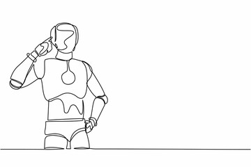 Single one line drawing robot standing with pointing his head, thinking something. Feeling optimistic, visionary. Future technology development. Continuous line draw design graphic vector illustration