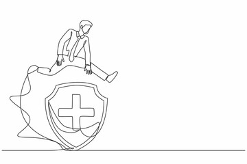 Single continuous line drawing businessman jumping over big shield. Money protection and finance defense. Financial insurance, fund safety, bank deposit assurance. One line design vector illustration