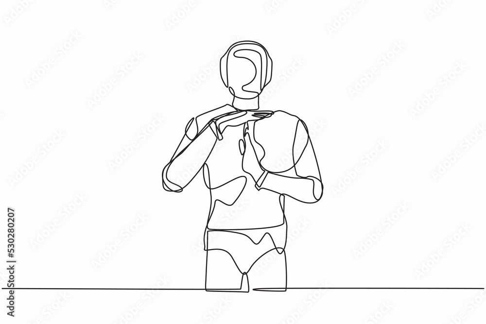 Poster continuous one line drawing robot standing with time break gesture, timeout signal. pause. stop work