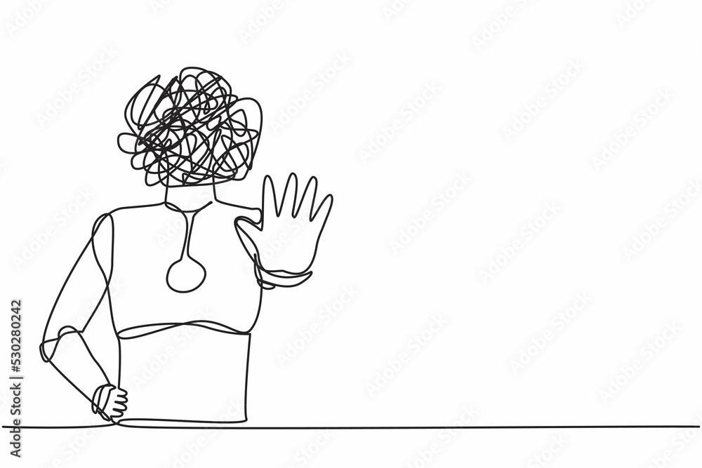 Poster continuous one line drawing robot with round scribbles instead of head, making stop gesture sign wit