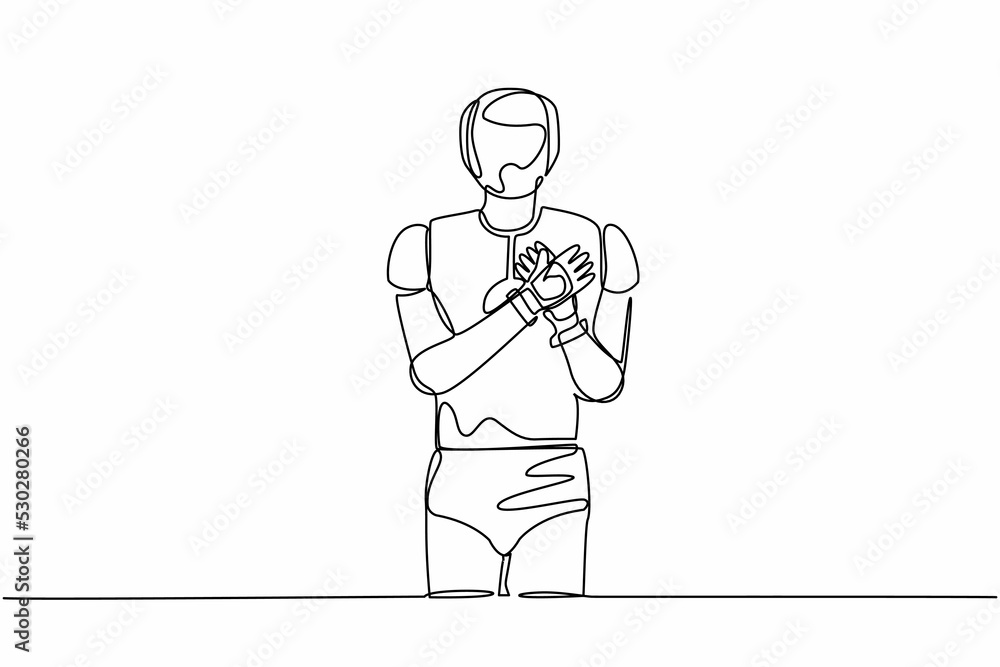 Poster single continuous line drawing robot standing with keeping hands on chest. robot suffering from ches