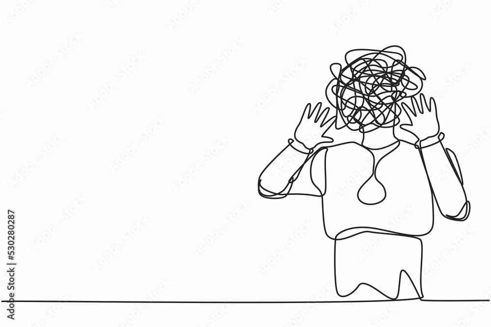 Poster single continuous line drawing robot with round scribble instead of head, shocked, afraid, scared, t