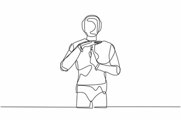 Continuous one line drawing robot standing with time break gesture, timeout signal. Pause. Stop working. Humanoid robot cybernetic organism. Future robotic. Single line draw design vector illustration