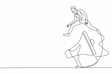 Fototapeta na wymiar Single one line drawing businessman jumping over big megaphone. Technology for marketing. Person using speaker and giving announcement, advertising. Continuous line design graphic vector illustration