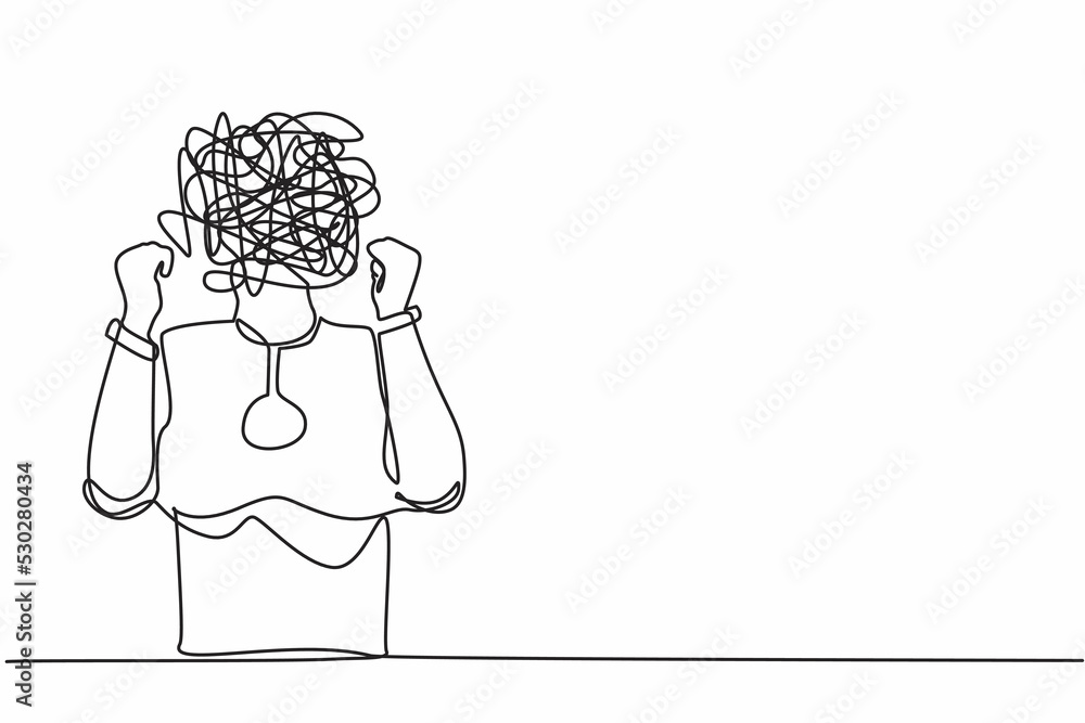 Poster continuous one line drawing robot with round scribbles instead of head. angry robot raised fist and 