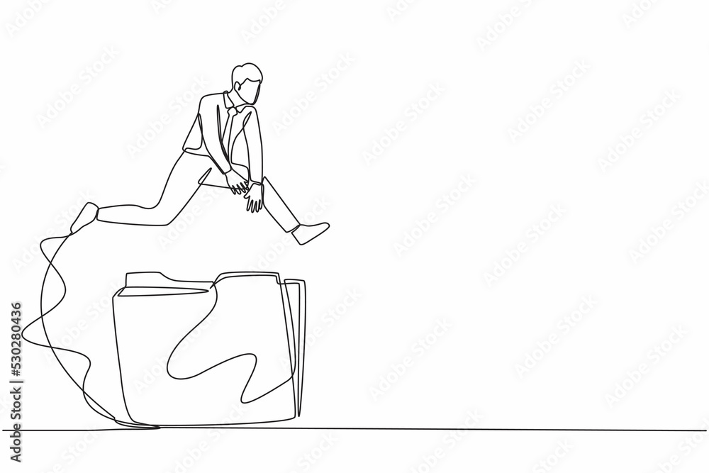 Poster continuous one line drawing businessman jumping over big folder icon. office paper document and file