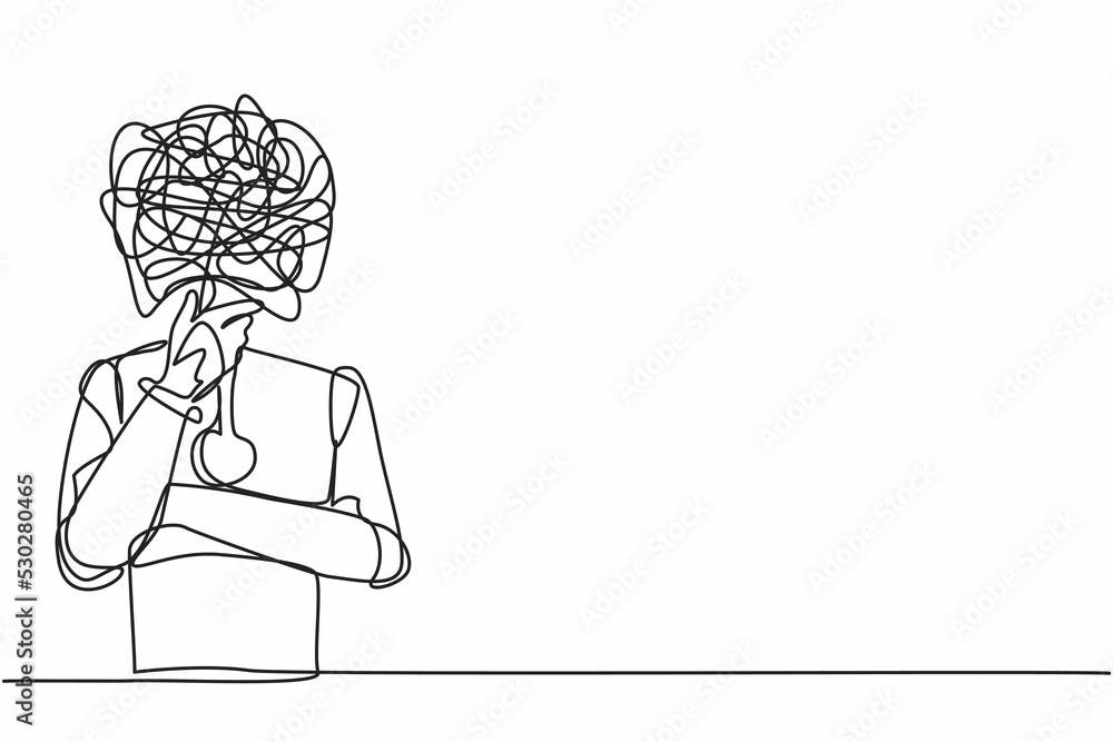 Poster single continuous line drawing robot with round scribbles instead of head, standing in thoughtful po