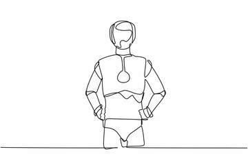 Fototapeta na wymiar Continuous one line drawing robot standing and holding hand on hip. Confidence cyborg. Humanoid robot cybernetic organism. Future robotic development. Single line design vector graphic illustration