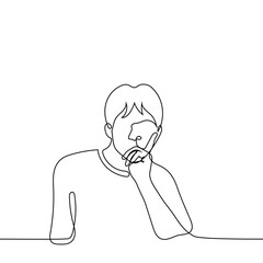 frowning man props his face up with his hand - one line drawing vector. the concept of thinking, unpleasant thoughts, dissatisfied