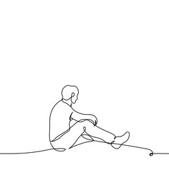 man sits on a high roof at the very edge, his leg hangs down and he is relaxed - one line drawing vector. concept love height, watch panorama, high-altitude or builder, parkour