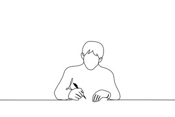 man uses fountain pen - one line drawing vector. concept write, sign, handwritten letter