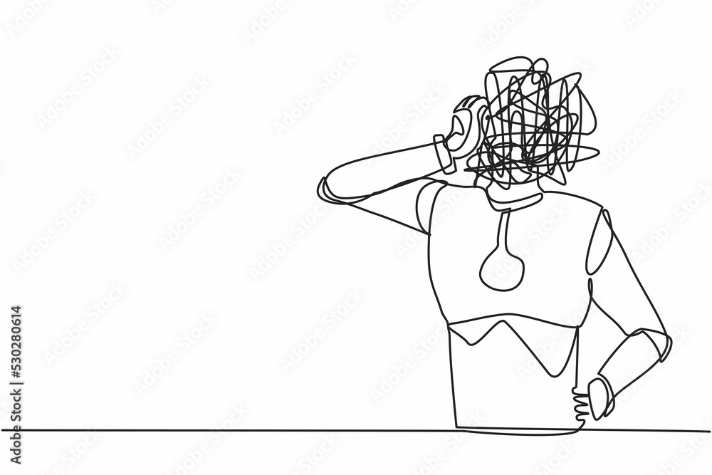 Poster single continuous line drawing robot with round scribbles instead of head. doubting robot. memory, s