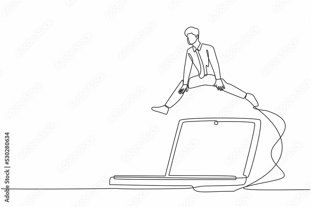 Poster single continuous line drawing businessman jumping over big laptop computer. information technology 