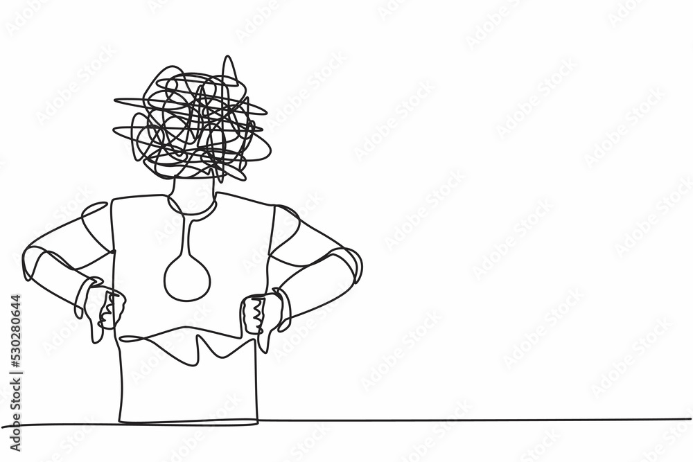 Poster single one line drawing robot with round scribbles instead of head, showing thumbs down sign, dislik