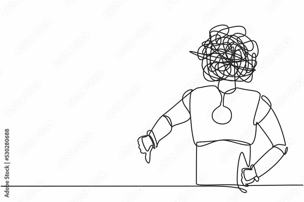 Poster single continuous line drawing robot with round scribbles instead of head, showing thumbs down sign,