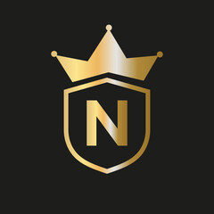 Shield Crown Logo On Letter N Vector Symbol With Elegant Gold Color