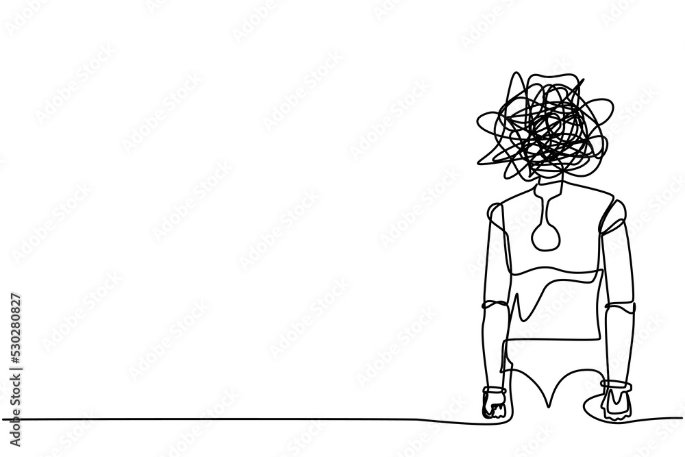 Poster single one line drawing robot with round scribbles instead of head, frustrated. anxiety, confusion i