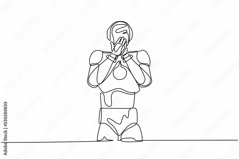 Poster single one line drawing robot standing with covering mouth with hands, shocked with shame for mistak