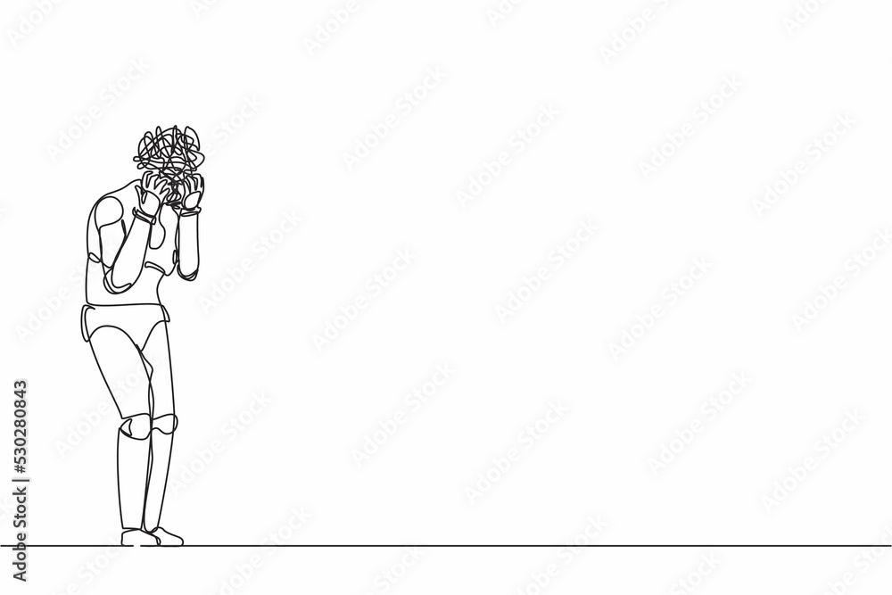 Poster single continuous line drawing robot with round scribbles instead of head. distressed robot hand on 