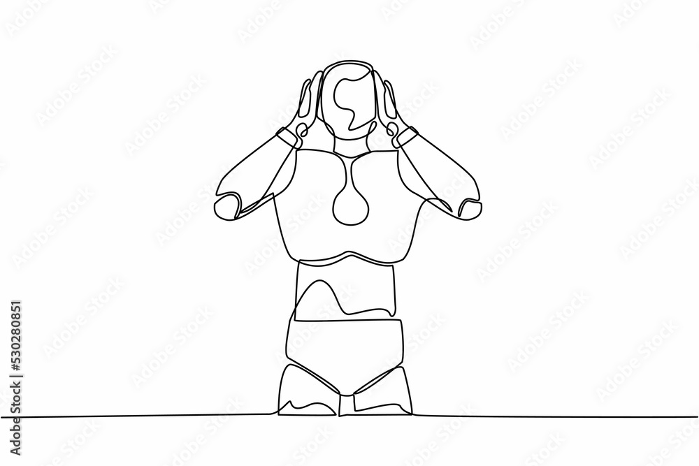 Poster single one line drawing robot standing with covering ears with hands, making don't hear or listen ge