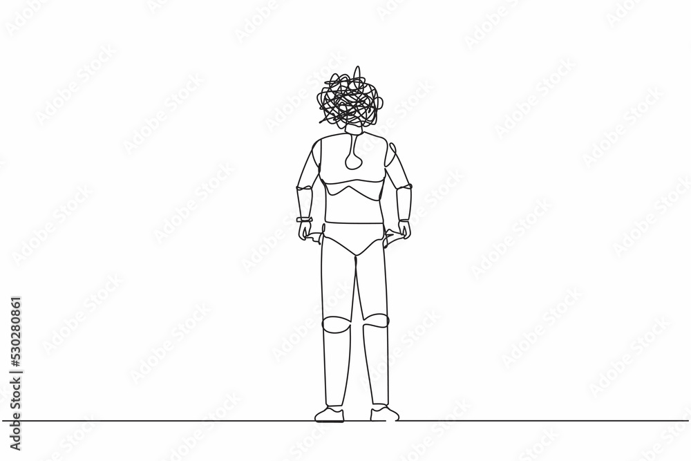 Poster continuous one line drawing robot with round scribbles instead of head. robot with pocket turned out