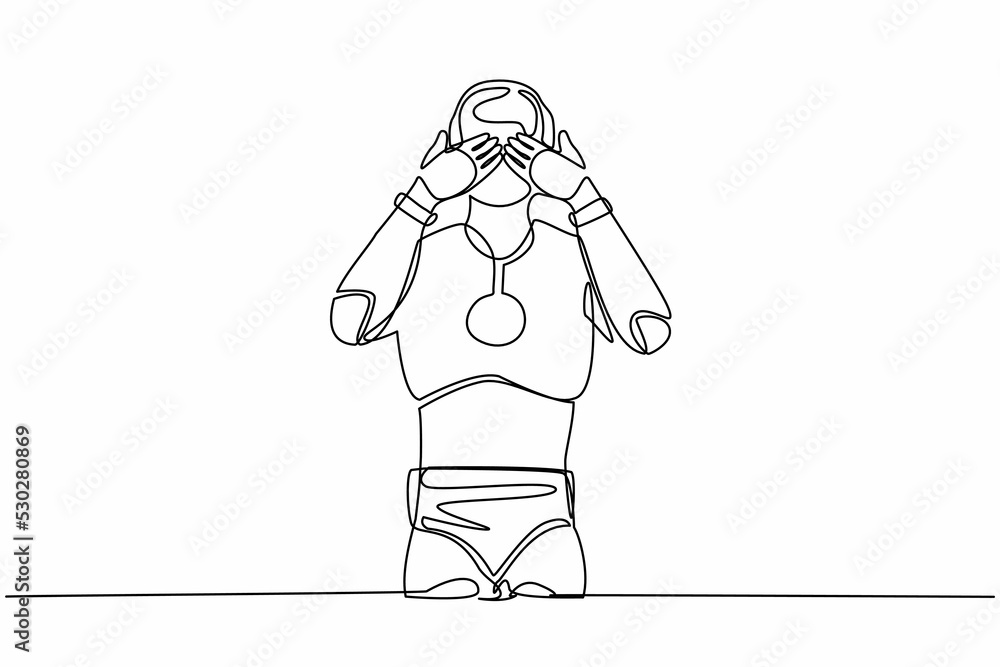 Poster single continuous line drawing robot standing with covering his eyes with hands because of disgust a