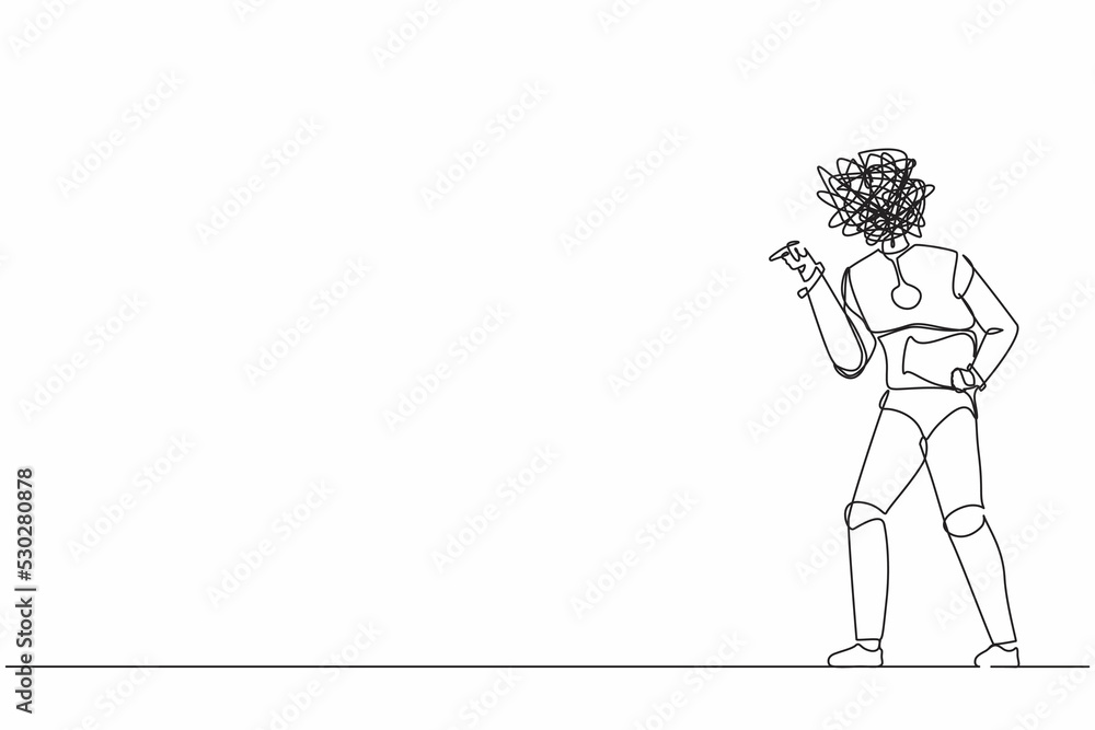 Poster single one line drawing robot with round scribbles instead of head, conflicting, fight aggressive. b