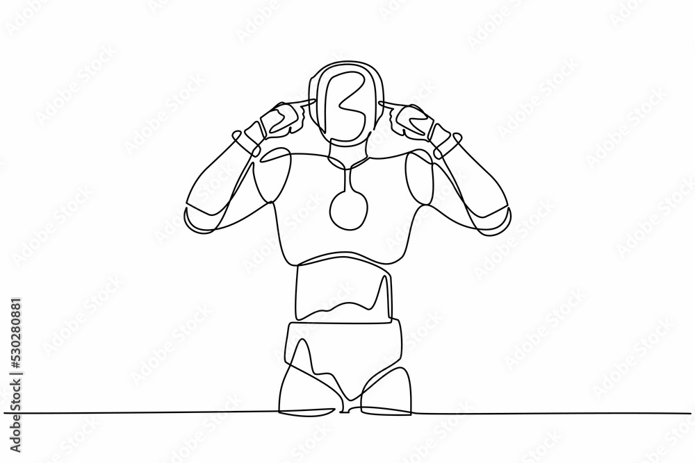 Poster continuous one line drawing robot standing with covering ears with fingers and annoyed expression fo