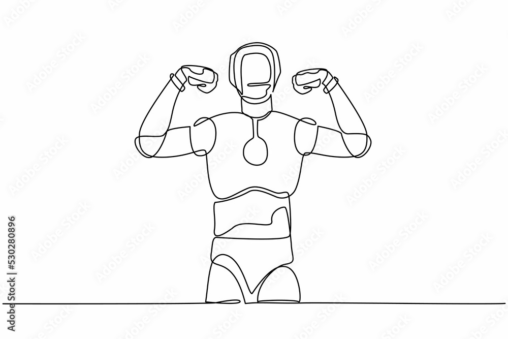 Poster single continuous line drawing robot standing with gestures two hand fist up. strong humanoid robot 
