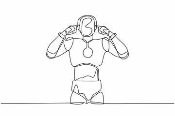 Continuous one line drawing robot standing with covering ears with fingers and annoyed expression for noise of loud sound or music. Humanoid robot organism. Single line draw design vector illustration