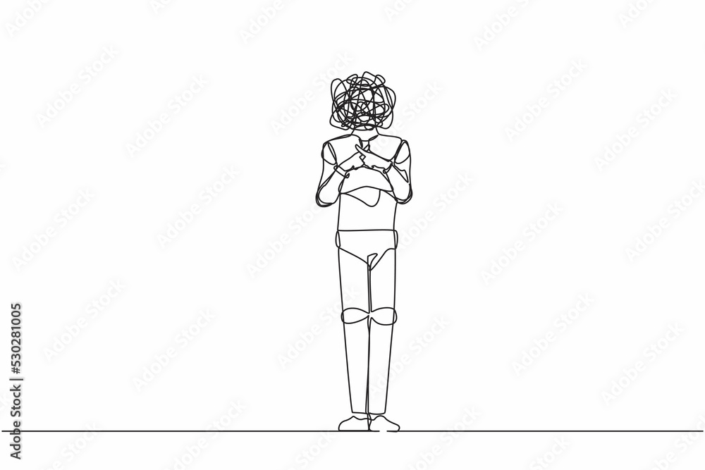 Poster single one line drawing robot with round scribbles instead of head, standing with crossing fingers f