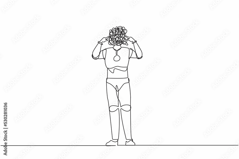 Poster continuous one line drawing robot with round scribbles instead of head, covering his ears with finge