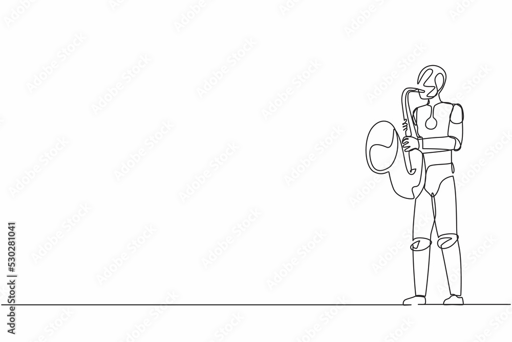 Poster single one line drawing robot saxophonist perform in festival jazz music. future technology developm