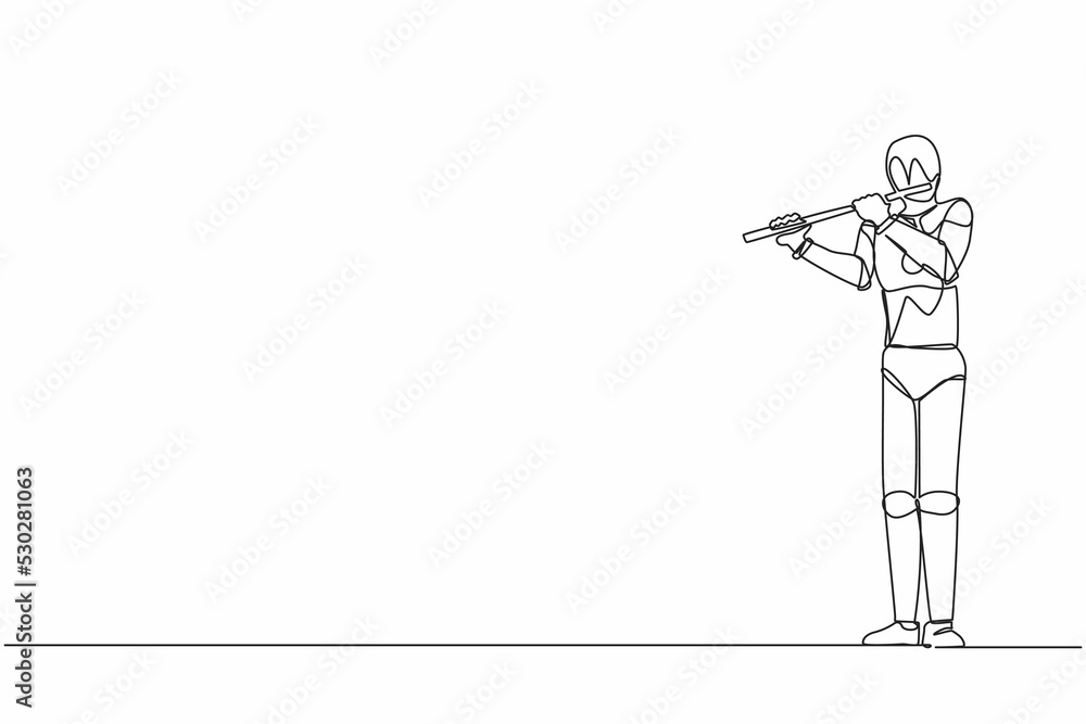 Poster single continuous line drawing robot flutist performing classical music on wind instrument. robotic 
