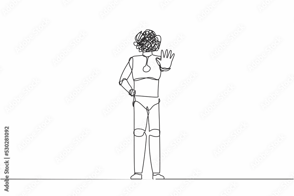 Poster single one line drawing robot with round scribbles instead of head, standing and rejecting something