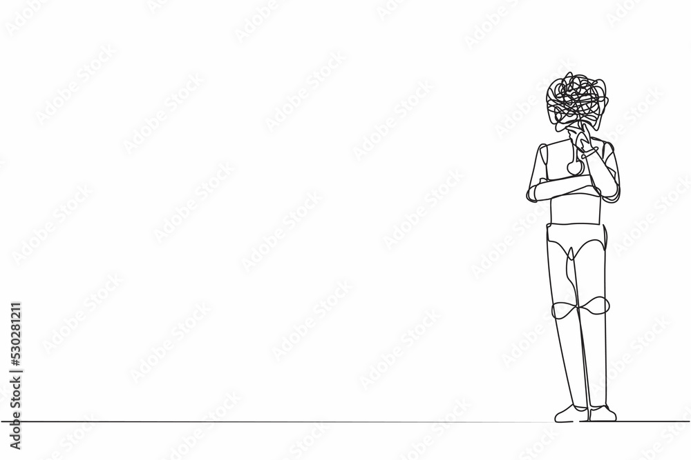 Poster single one line drawing robot with round scribbles instead of head, standing holding chin, thinking,