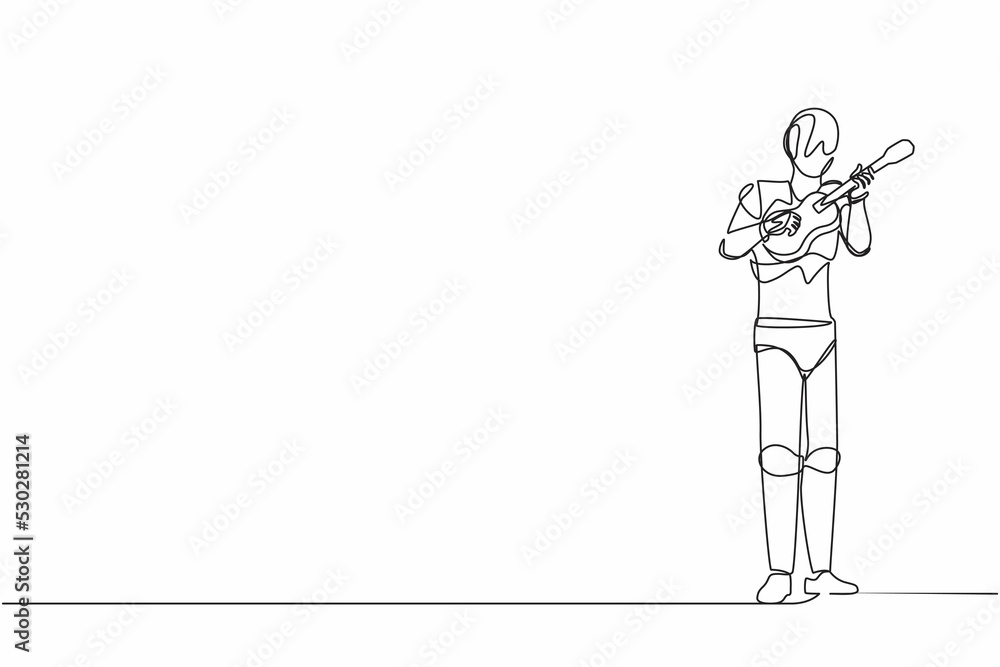 Poster single continuous line drawing robot playing ukulele or small guitar and singing having fun. robotic