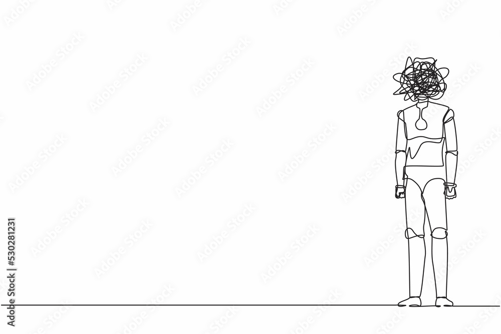 Poster continuous one line drawing robot with round scribbles instead of head, standing with nervous. anxie