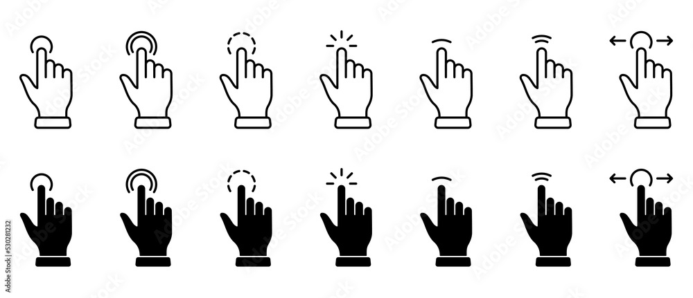 Poster computer mouse cursor finger line and silhouette icon set. hand pointer gesture on website black pic