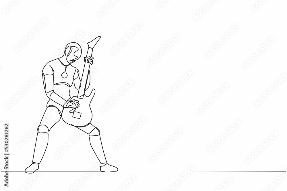 Poster continuous one line drawing robot guitarist perform playing electric guitar on stage. humanoid robot